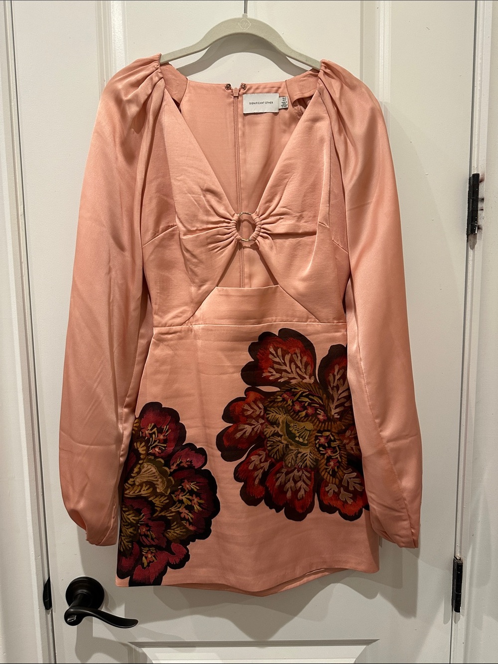 Sandro Pink Satin Mini Dress with Floral Appliqué